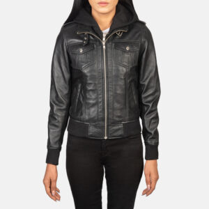 Roslyn Black Hooded Leather Bomber Jacket